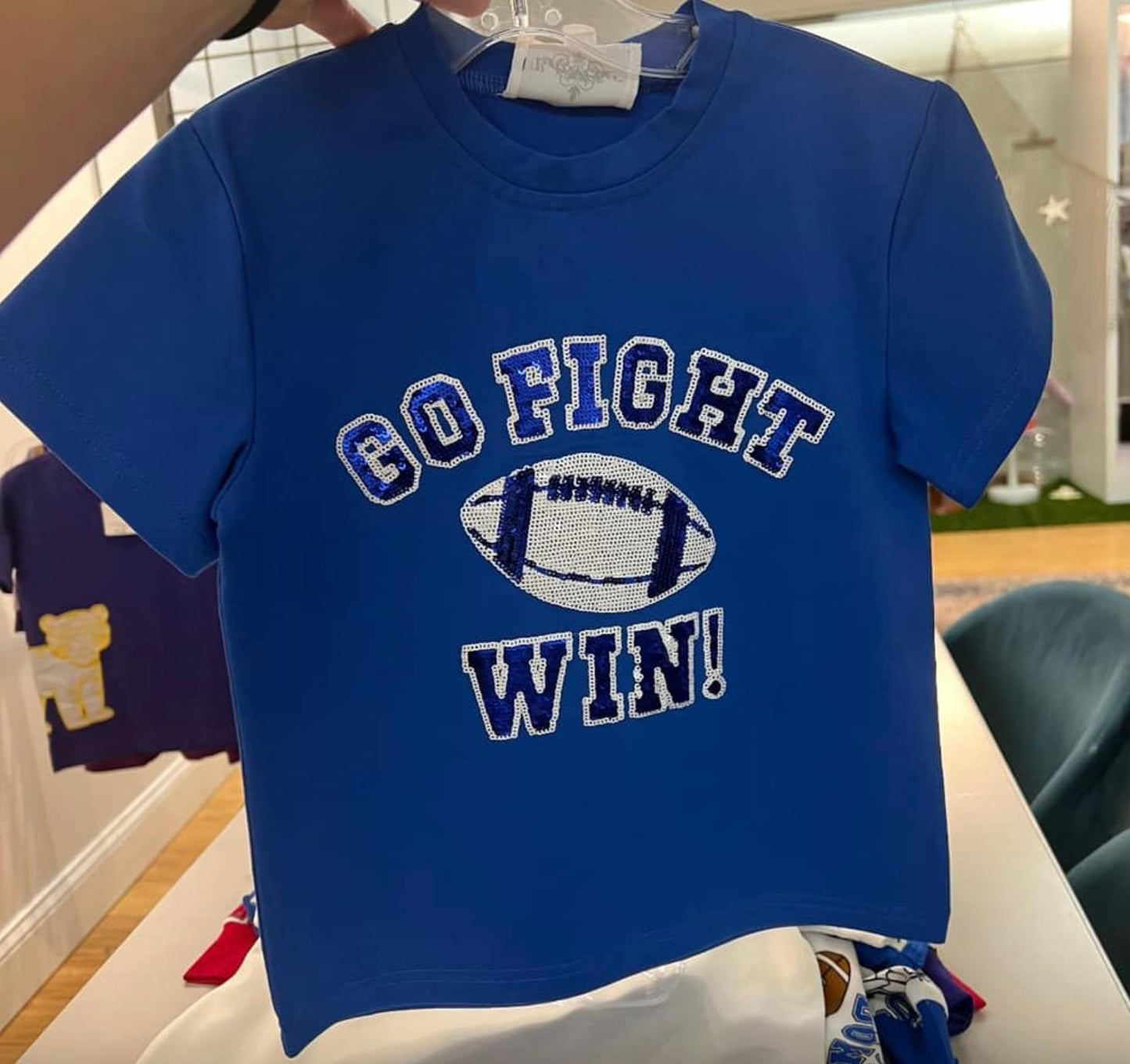 Blue "Go Fight Win" Sequin Shirt - 4T