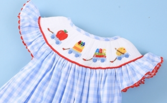 Back-to-School Wagon Smocked Bishop Dress